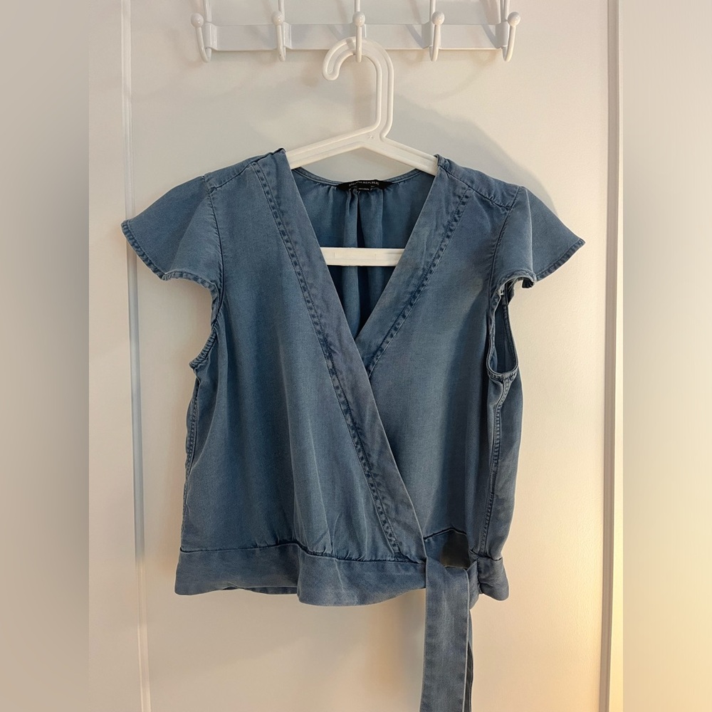 Cropped Denim Flutter Sleeve Wrap Top